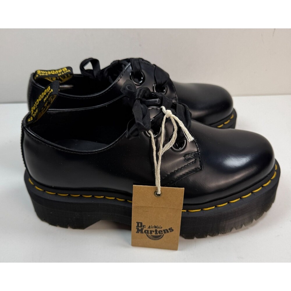 Dr. Martens Holly Platform Oxford Shoes Womens 6 Black Leather 3-Eye Ribbon Lace
